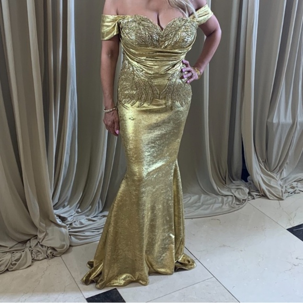 Custom Ryan & Walter Collection Gold Embellished Evening Dress